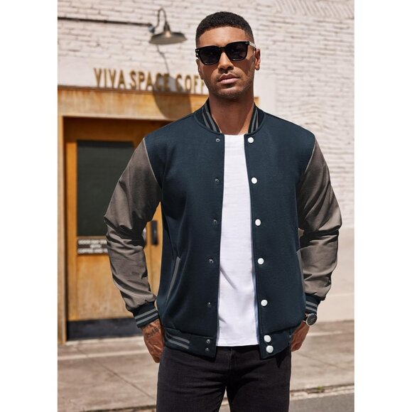 Men's Varsity Jacket Slim Fit Cotton Letterman Baseball Bomber Jackets Navy Grey - Picture 2 of 5